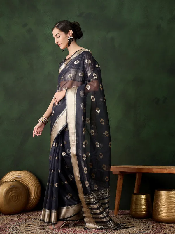 Black_Khadi_Organza_Premium_&_Elegant_(_Matching_)_Saree_With_Blouse_Piece_For_Women