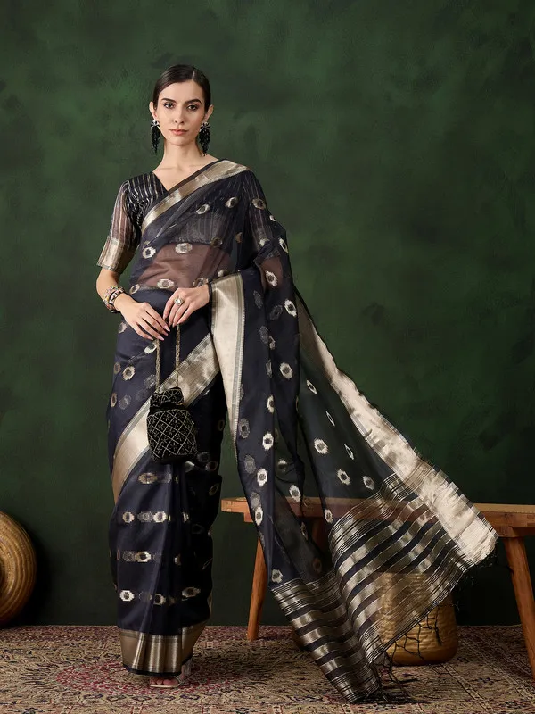Black_Khadi_Organza_Premium_&_Elegant_(_Matching_)_Saree_With_Blouse_Piece_For_Women