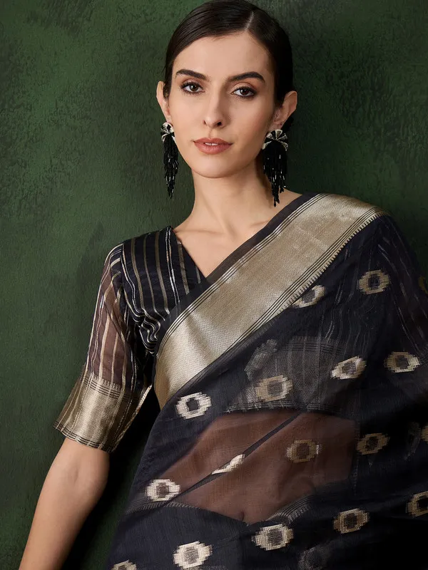 Black_Khadi_Organza_Premium_&_Elegant_(_Matching_)_Saree_With_Blouse_Piece_For_Women