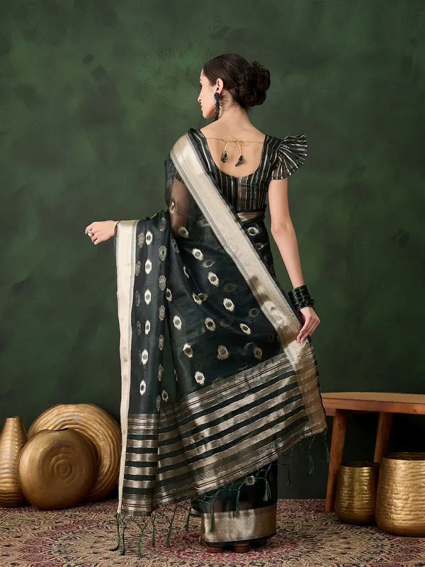 Bottlegreen_Khadi_Organza_Premium_&_Elegant_(_Matching_)_Saree_With_Blouse_Piece_For_Women