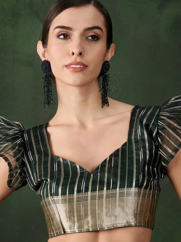 Bottlegreen_Khadi_Organza_Premium_&_Elegant_(_Matching_)_Saree_With_Blouse_Piece_For_Women