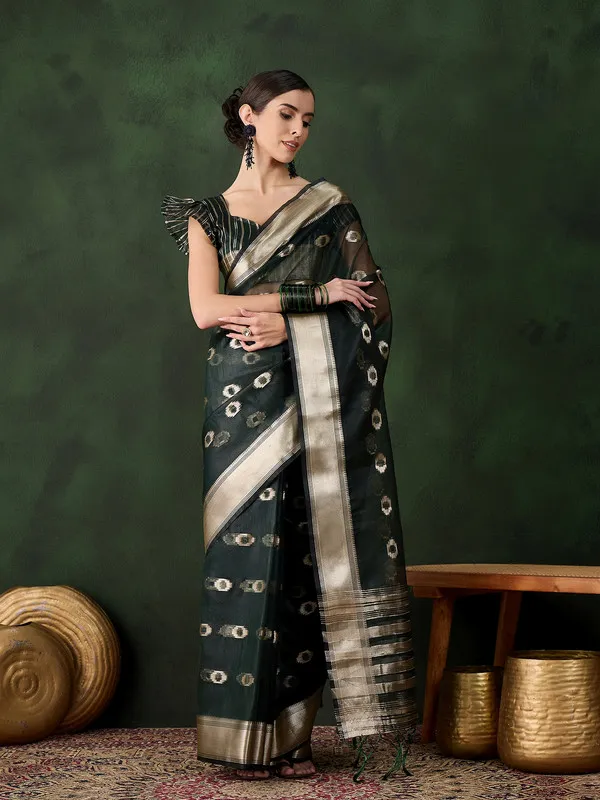 Bottlegreen_Khadi_Organza_Premium_&_Elegant_(_Matching_)_Saree_With_Blouse_Piece_For_Women