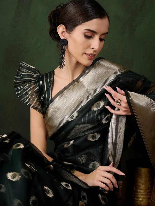 Bottlegreen_Khadi_Organza_Premium_&_Elegant_(_Matching_)_Saree_With_Blouse_Piece_For_Women