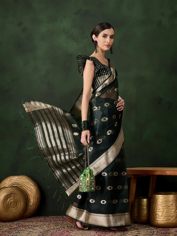 Bottlegreen_Khadi_Organza_Premium_&_Elegant_(_Matching_)_Saree_With_Blouse_Piece_For_Women