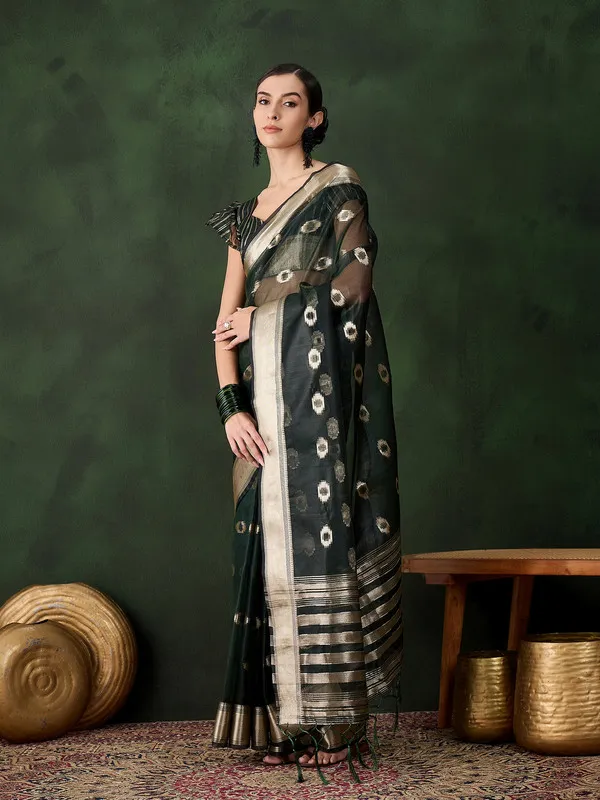 Bottlegreen_Khadi_Organza_Premium_&_Elegant_(_Matching_)_Saree_With_Blouse_Piece_For_Women