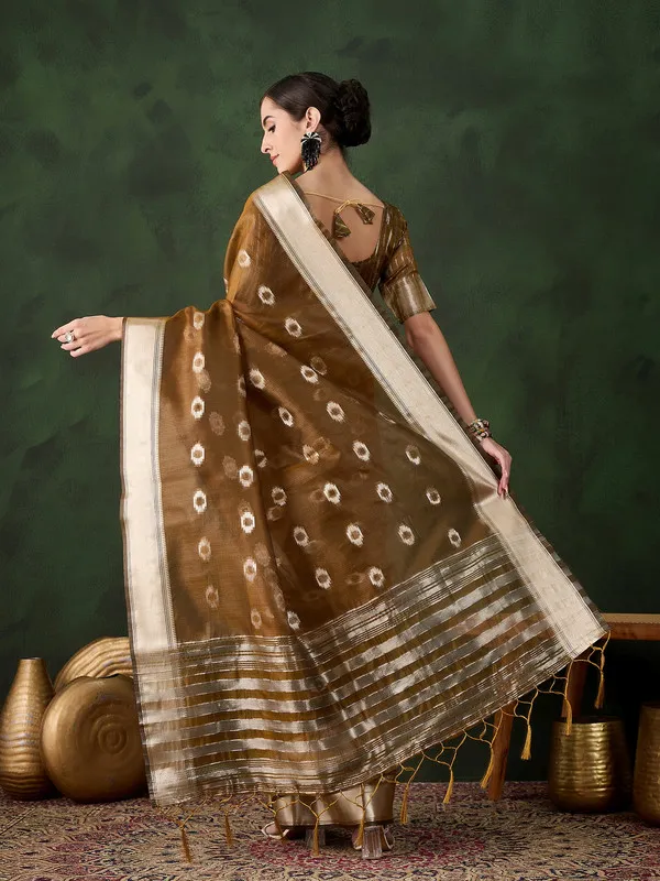 Brown_Khadi_Organza_Premium_&_Elegant_(_Matching_)_Saree_With_Blouse_Piece_For_Women