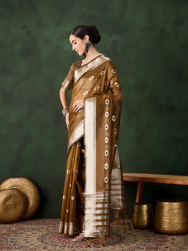 Brown_Khadi_Organza_Premium_&_Elegant_(_Matching_)_Saree_With_Blouse_Piece_For_Women