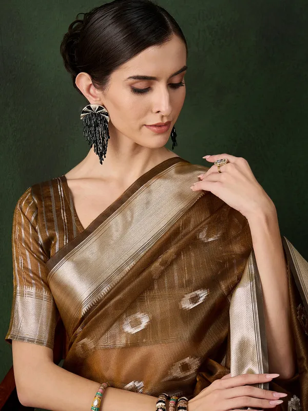 Brown_Khadi_Organza_Premium_&_Elegant_(_Matching_)_Saree_With_Blouse_Piece_For_Women