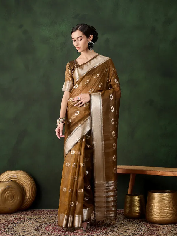 Brown_Khadi_Organza_Premium_&_Elegant_(_Matching_)_Saree_With_Blouse_Piece_For_Women
