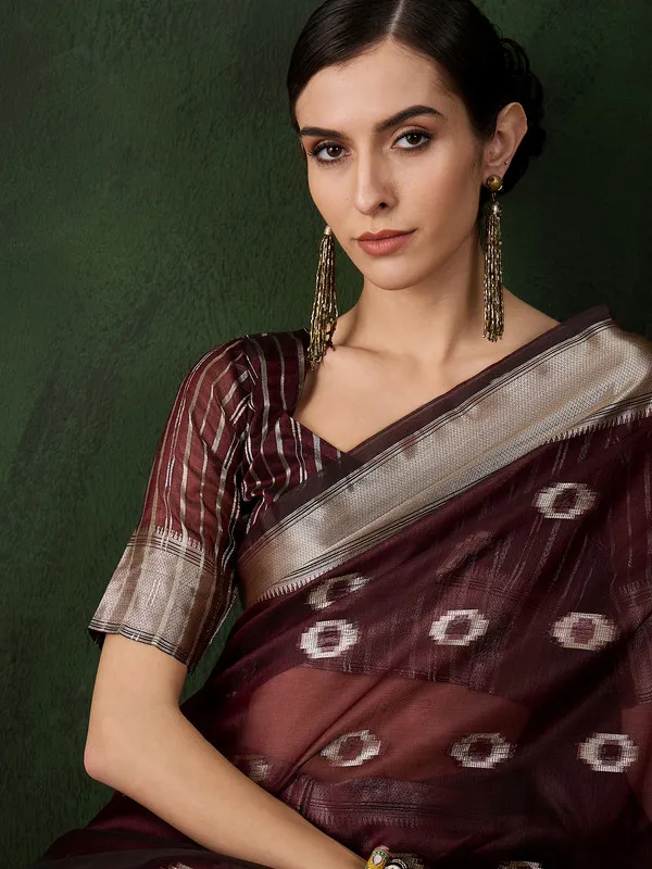 Darkbrown_Khadi_Organza_Premium_&_Elegant_(_Matching_)_Saree_With_Blouse_Piece_For_Women