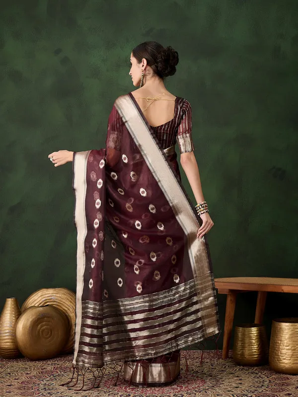 Darkbrown_Khadi_Organza_Premium_&_Elegant_(_Matching_)_Saree_With_Blouse_Piece_For_Women