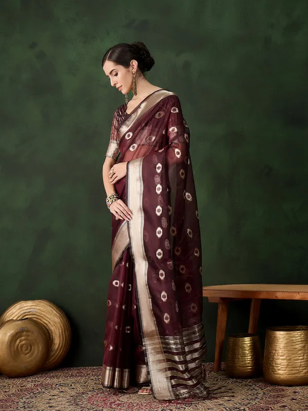 Darkbrown_Khadi_Organza_Premium_&_Elegant_(_Matching_)_Saree_With_Blouse_Piece_For_Women