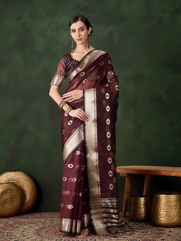 Darkbrown_Khadi_Organza_Premium_&_Elegant_(_Matching_)_Saree_With_Blouse_Piece_For_Women