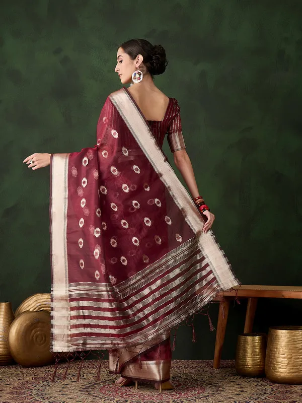 Maroon_Khadi_Organza_Premium_&_Elegant_(_Matching_)_Saree_With_Blouse_Piece_For_Women