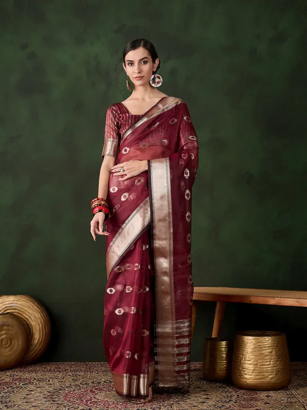 Maroon_Khadi_Organza_Premium_&_Elegant_(_Matching_)_Saree_With_Blouse_Piece_For_Women