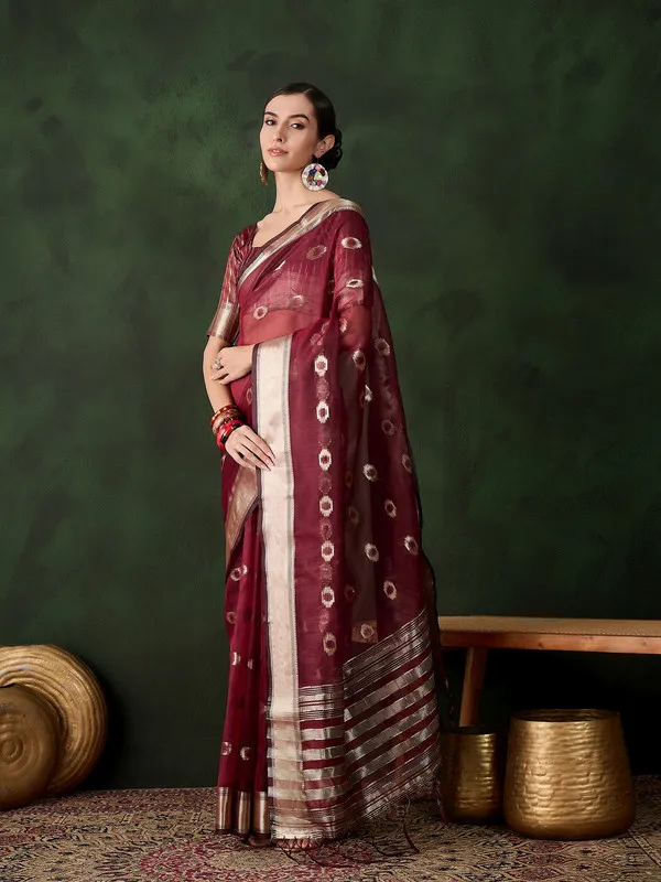Maroon_Khadi_Organza_Premium_&_Elegant_(_Matching_)_Saree_With_Blouse_Piece_For_Women
