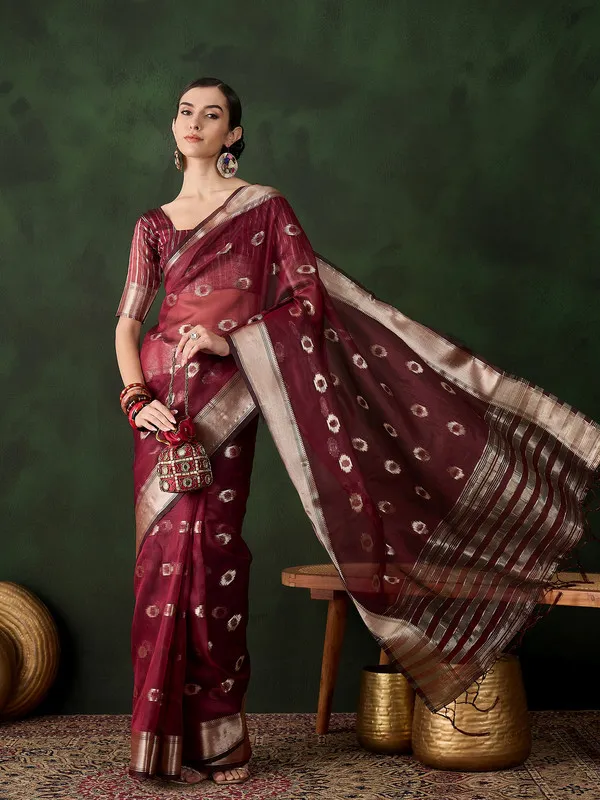 Maroon_Khadi_Organza_Premium_&_Elegant_(_Matching_)_Saree_With_Blouse_Piece_For_Women