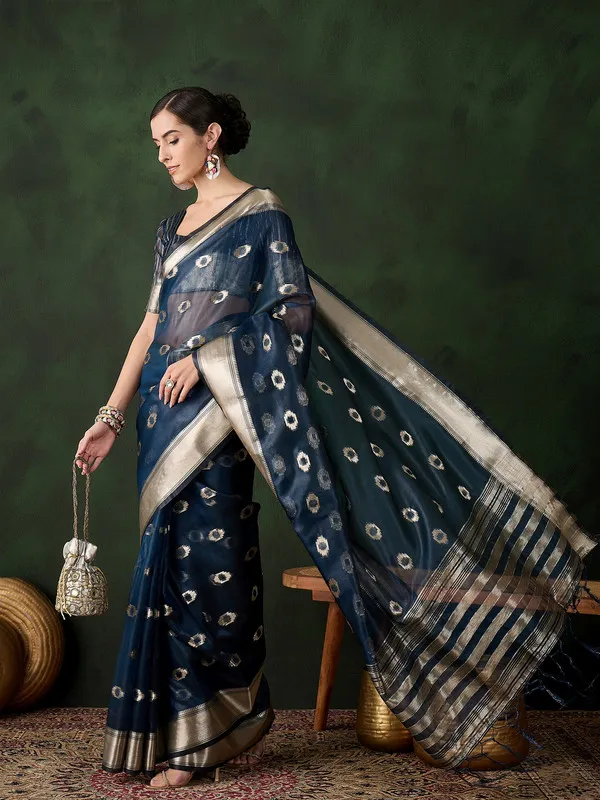 Tealblue_Khadi_Organza_Premium_&_Elegant_(_Matching_)_Saree_With_Blouse_Piece_For_Women