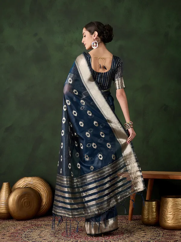 Tealblue_Khadi_Organza_Premium_&_Elegant_(_Matching_)_Saree_With_Blouse_Piece_For_Women