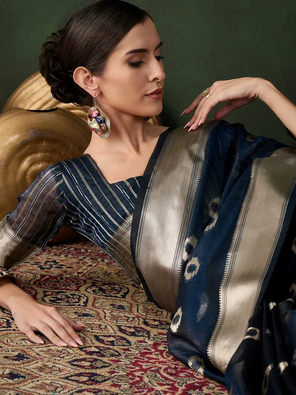 Tealblue_Khadi_Organza_Premium_&_Elegant_(_Matching_)_Saree_With_Blouse_Piece_For_Women