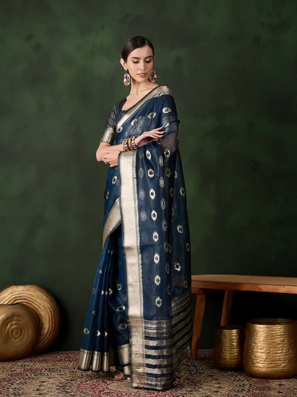 Tealblue_Khadi_Organza_Premium_&_Elegant_(_Matching_)_Saree_With_Blouse_Piece_For_Women