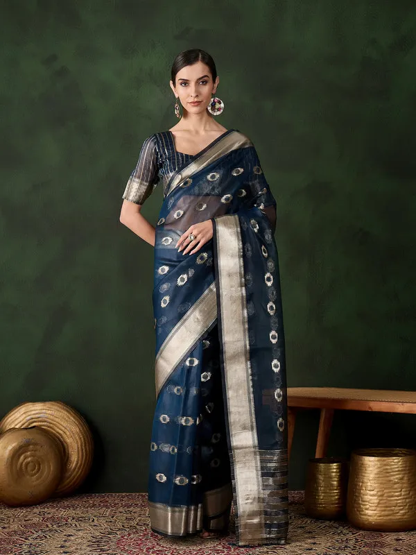 Tealblue_Khadi_Organza_Premium_&_Elegant_(_Matching_)_Saree_With_Blouse_Piece_For_Women