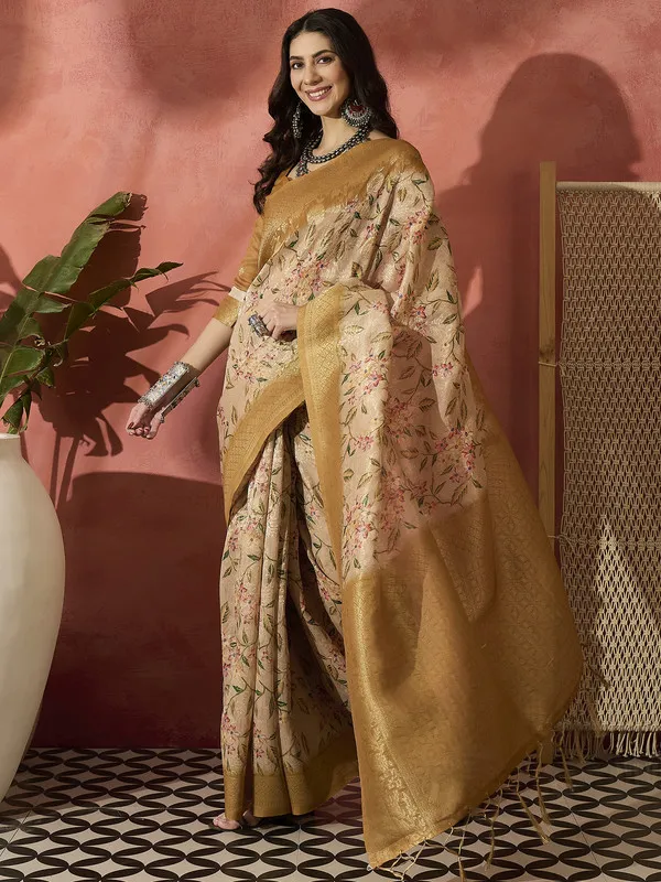 Beige_Khadi_Organza_Premium_&_Elegant_(_Digital_Print,_Golden_Zari_Border_)_Saree_With_Blouse_Piece_For_Women