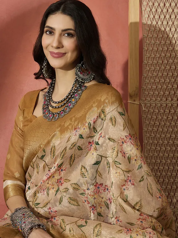 Beige_Khadi_Organza_Premium_&_Elegant_(_Digital_Print,_Golden_Zari_Border_)_Saree_With_Blouse_Piece_For_Women