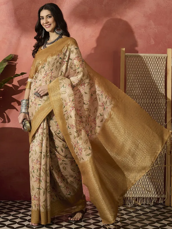 Beige_Khadi_Organza_Premium_&_Elegant_(_Digital_Print,_Golden_Zari_Border_)_Saree_With_Blouse_Piece_For_Women