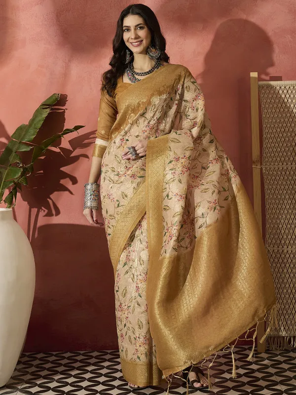 Beige_Khadi_Organza_Premium_&_Elegant_(_Digital_Print,_Golden_Zari_Border_)_Saree_With_Blouse_Piece_For_Women