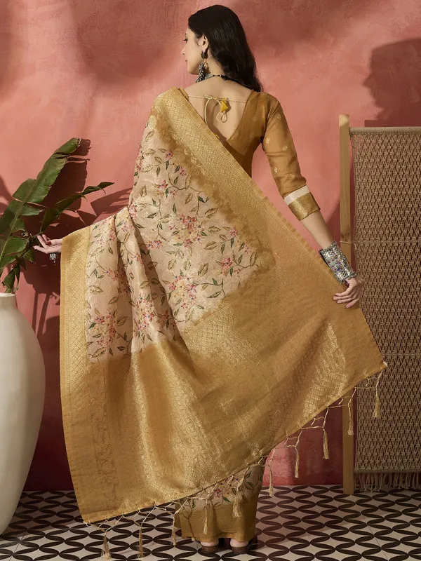 Beige_Khadi_Organza_Premium_&_Elegant_(_Digital_Print,_Golden_Zari_Border_)_Saree_With_Blouse_Piece_For_Women