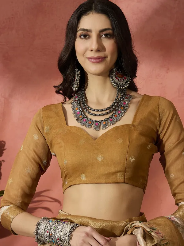 Beige_Khadi_Organza_Premium_&_Elegant_(_Digital_Print,_Golden_Zari_Border_)_Saree_With_Blouse_Piece_For_Women