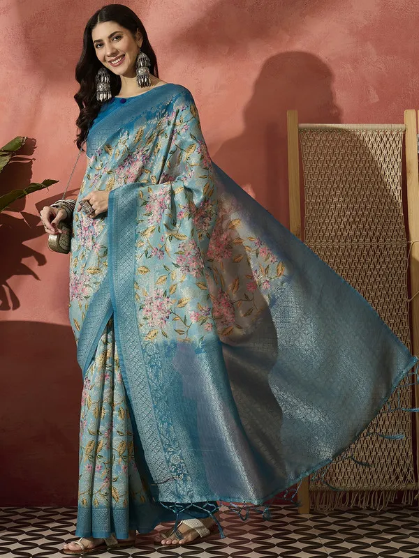 Blue_Khadi_Organza_Premium_&_Elegant_(_Digital_Print,_Golden_Zari_Border_)_Saree_With_Blouse_Piece_For_Women