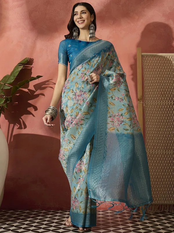 Blue_Khadi_Organza_Premium_&_Elegant_(_Digital_Print,_Golden_Zari_Border_)_Saree_With_Blouse_Piece_For_Women
