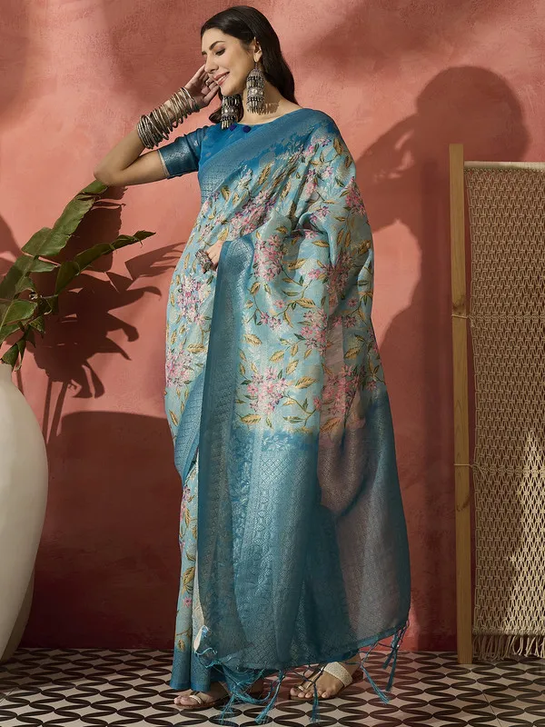 Blue_Khadi_Organza_Premium_&_Elegant_(_Digital_Print,_Golden_Zari_Border_)_Saree_With_Blouse_Piece_For_Women