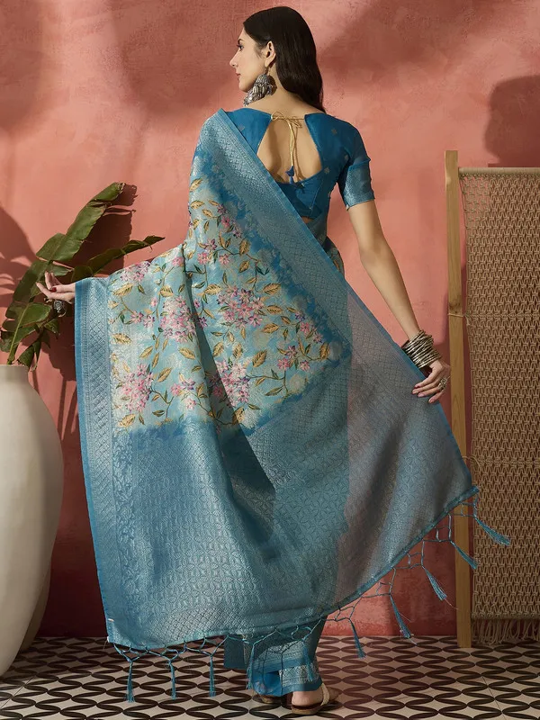Blue_Khadi_Organza_Premium_&_Elegant_(_Digital_Print,_Golden_Zari_Border_)_Saree_With_Blouse_Piece_For_Women
