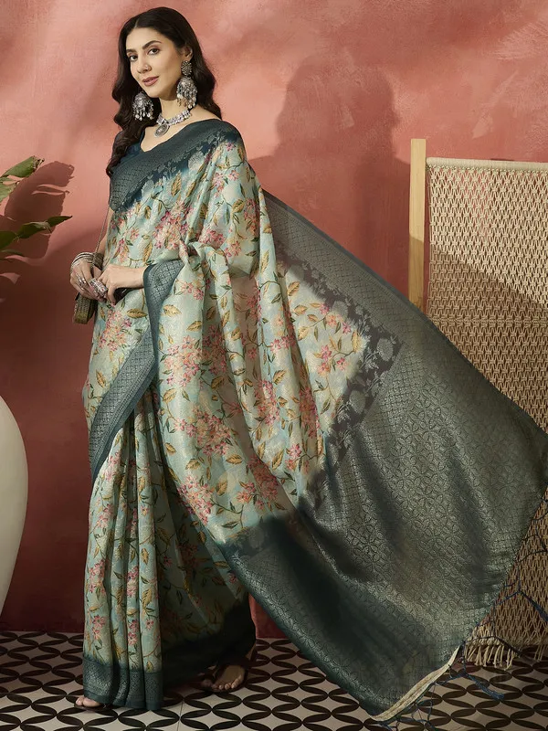 Green_Khadi_Organza_Premium_&_Elegant_(_Digital_Print,_Golden_Zari_Border_)_Saree_With_Blouse_Piece_For_Women