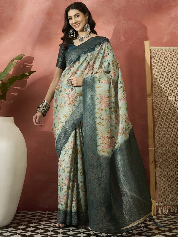 Green_Khadi_Organza_Premium_&_Elegant_(_Digital_Print,_Golden_Zari_Border_)_Saree_With_Blouse_Piece_For_Women