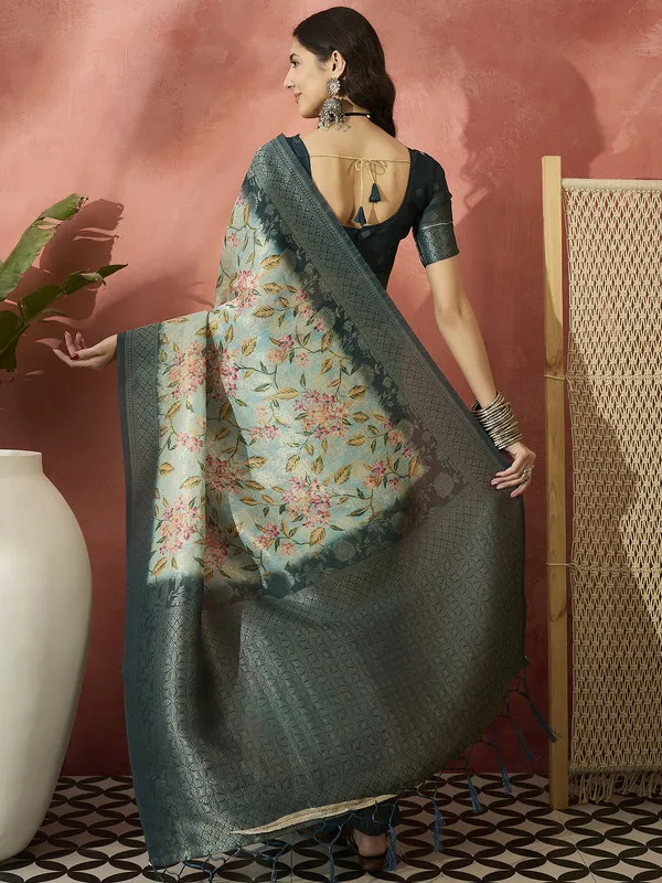 Green_Khadi_Organza_Premium_&_Elegant_(_Digital_Print,_Golden_Zari_Border_)_Saree_With_Blouse_Piece_For_Women