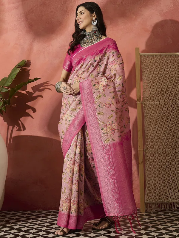 Pink_Khadi_Organza_Premium_&_Elegant_(_Digital_Print,_Golden_Zari_Border_)_Saree_With_Blouse_Piece_For_Women