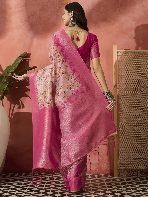 Pink_Khadi_Organza_Premium_&_Elegant_(_Digital_Print,_Golden_Zari_Border_)_Saree_With_Blouse_Piece_For_Women