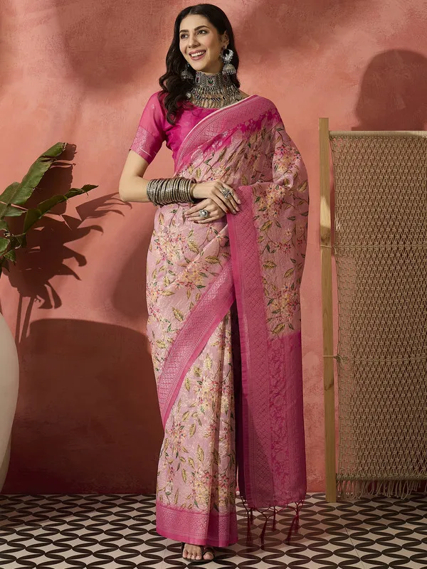 Pink_Khadi_Organza_Premium_&_Elegant_(_Digital_Print,_Golden_Zari_Border_)_Saree_With_Blouse_Piece_For_Women