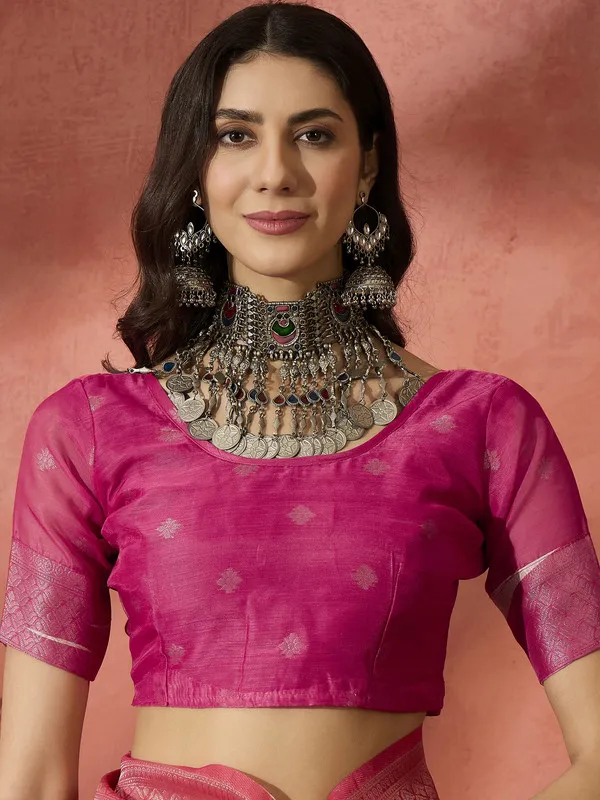 Pink_Khadi_Organza_Premium_&_Elegant_(_Digital_Print,_Golden_Zari_Border_)_Saree_With_Blouse_Piece_For_Women