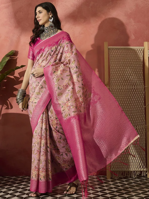 Pink_Khadi_Organza_Premium_&_Elegant_(_Digital_Print,_Golden_Zari_Border_)_Saree_With_Blouse_Piece_For_Women