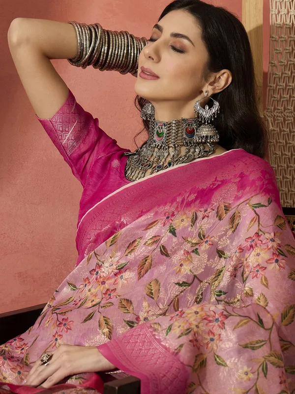 Pink_Khadi_Organza_Premium_&_Elegant_(_Digital_Print,_Golden_Zari_Border_)_Saree_With_Blouse_Piece_For_Women