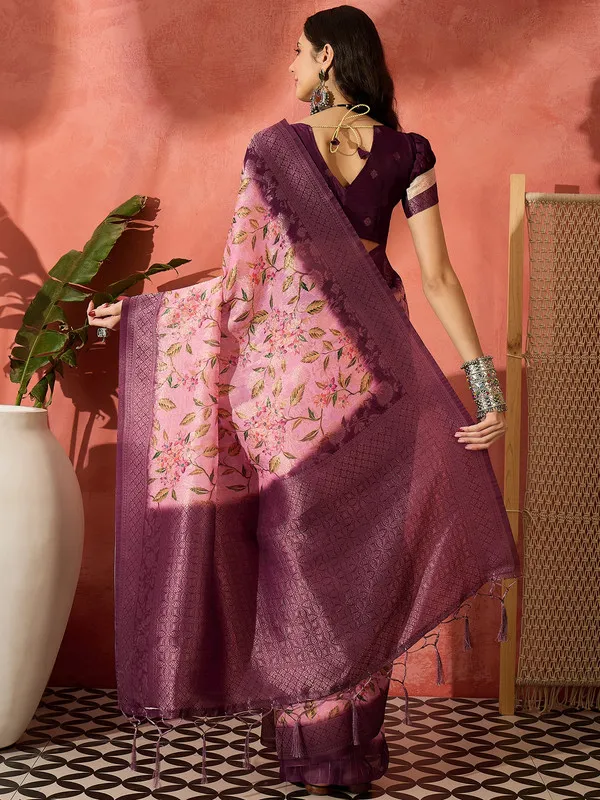 Purple_Khadi_Organza_Premium_&_Elegant_(_Digital_Print,_Golden_Zari_Border_)_Saree_With_Blouse_Piece_For_Women