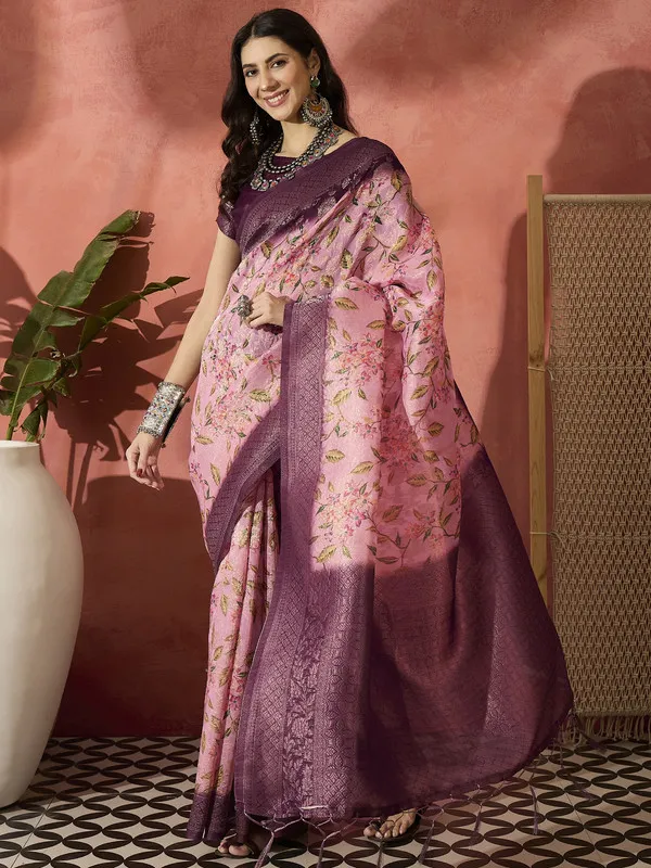 Purple_Khadi_Organza_Premium_&_Elegant_(_Digital_Print,_Golden_Zari_Border_)_Saree_With_Blouse_Piece_For_Women
