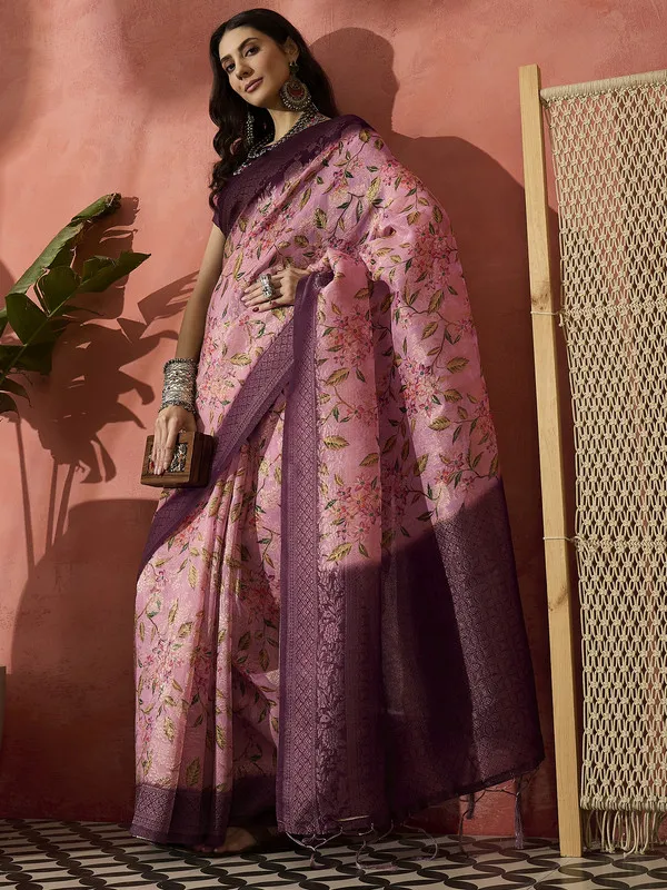 Purple_Khadi_Organza_Premium_&_Elegant_(_Digital_Print,_Golden_Zari_Border_)_Saree_With_Blouse_Piece_For_Women