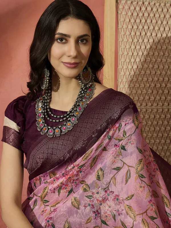 Purple_Khadi_Organza_Premium_&_Elegant_(_Digital_Print,_Golden_Zari_Border_)_Saree_With_Blouse_Piece_For_Women