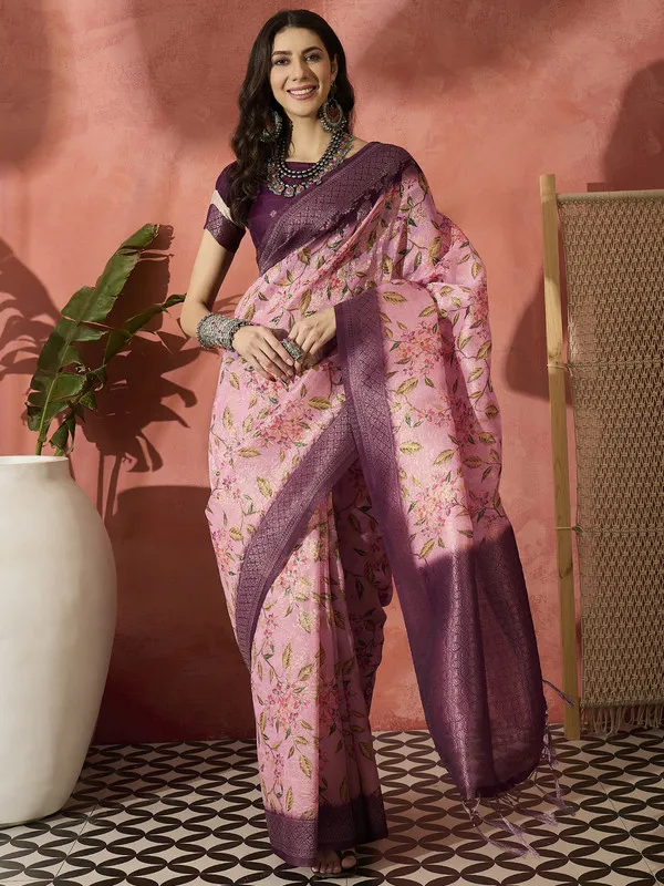 Purple_Khadi_Organza_Premium_&_Elegant_(_Digital_Print,_Golden_Zari_Border_)_Saree_With_Blouse_Piece_For_Women